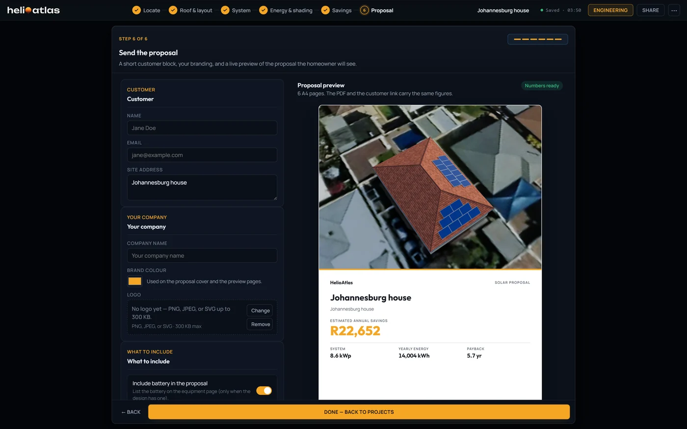 Studio step 6, proposal: customer, company and brand fields beside a live preview of the proposal cover, with a 3-D render of the roof and R22,652 estimated annual savings
